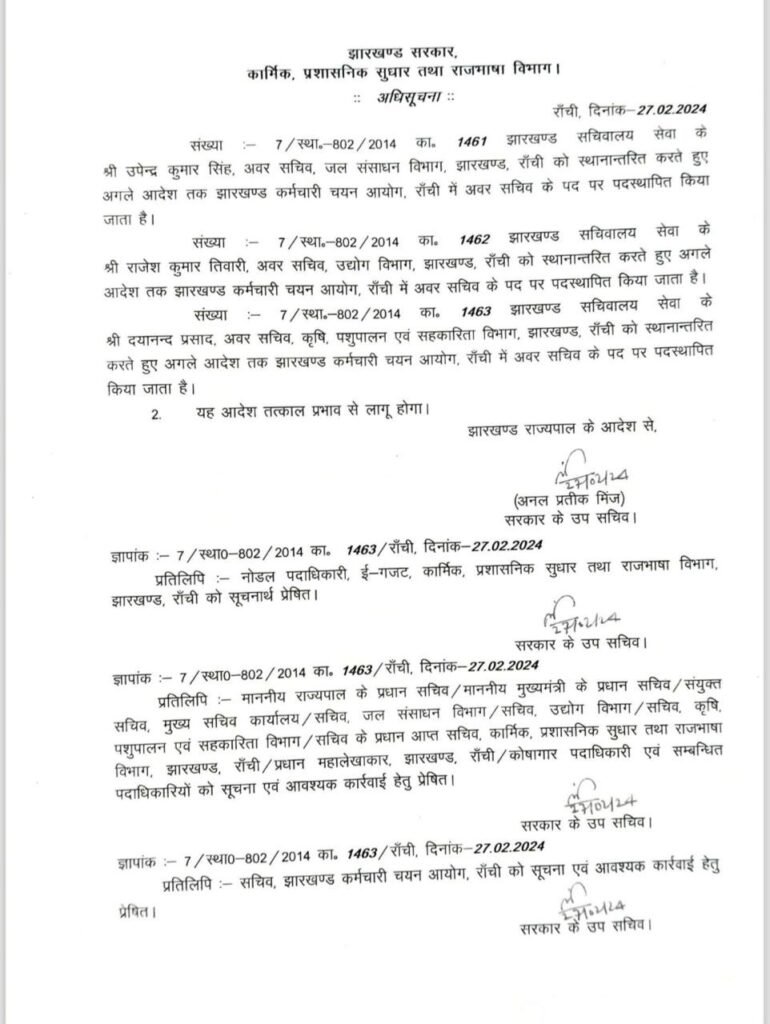 झारखंड में कई अधिकारियों का तबादला, कार्मिक प्रशासनिक सुधार और राजभाषा विभाग ने जारी की अधिसूचना 3 3 9